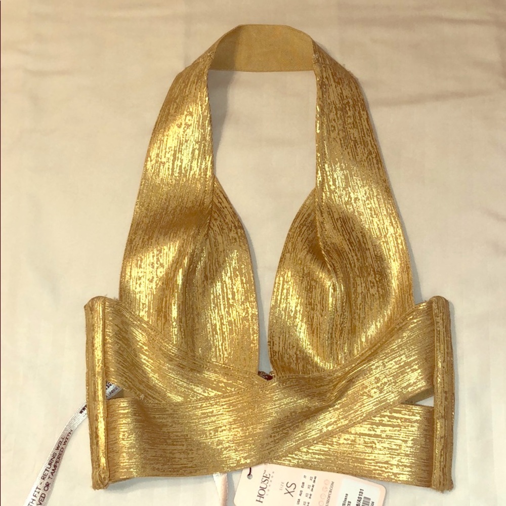 House of CB GOLD FOIL CRISS CROSS BANDAGE TOP XS